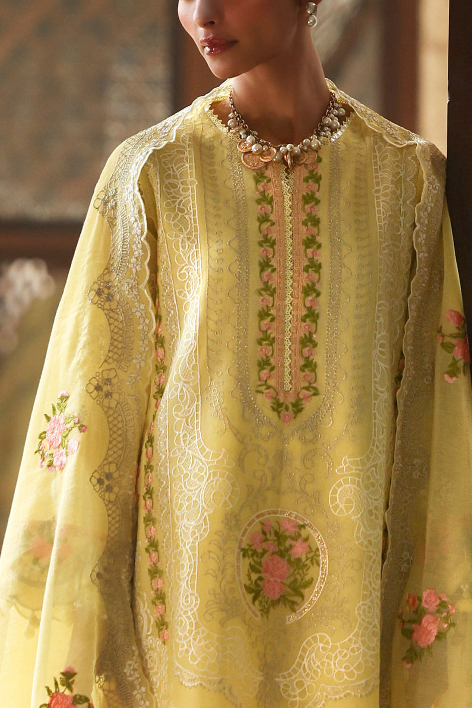 3 Piece Embroidered Cotton Net Suit with Borders and Embroidered Cotton Net Dupatta
