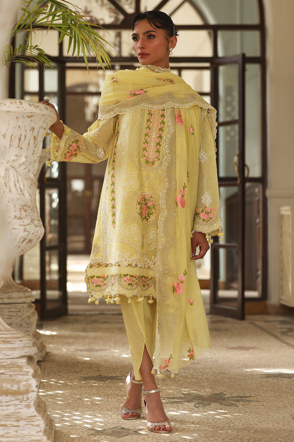3 Piece Embroidered Cotton Net Suit with Borders and Embroidered Cotton Net Dupatta