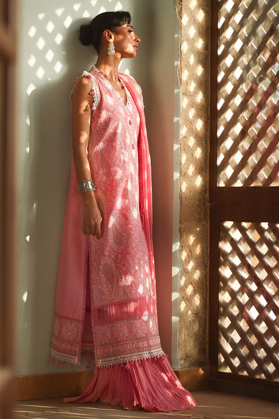 3 Piece Embroidered Lawn Suit with Borders and Embroidered Cotton Net Dupatta