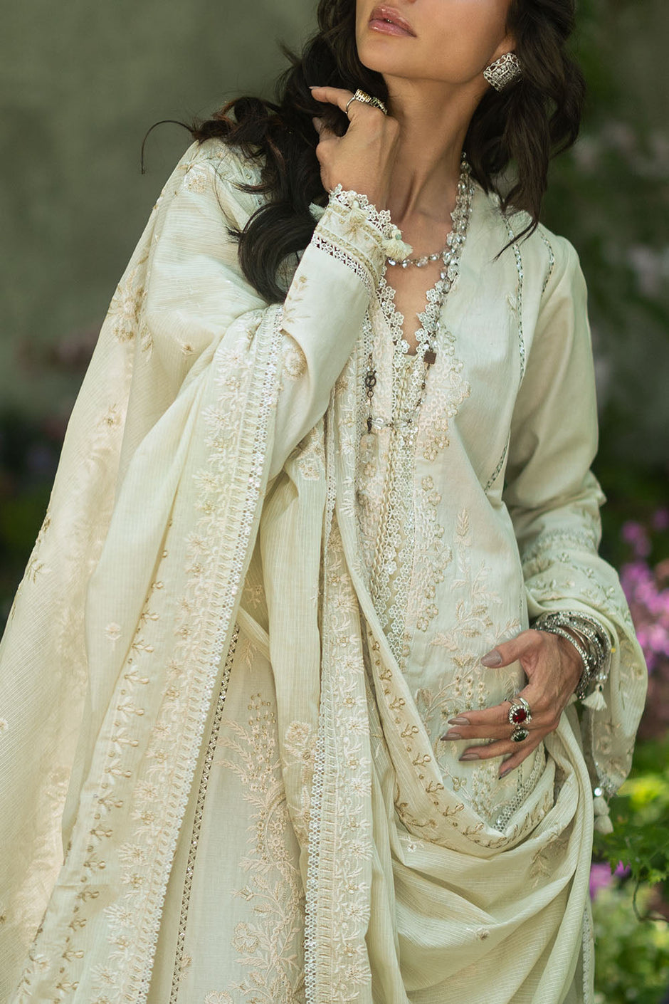 3 Piece Embroidered Lawn Suit with Embroidered Borders and Embroidered Denting Lawn Dupatta