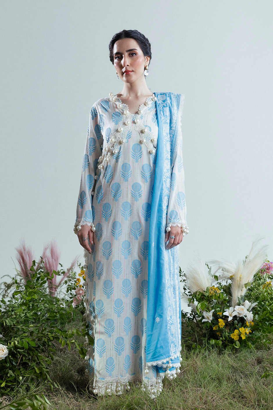 3 Piece Lacquer Printed Slub Yarn Suit with Embroidered Dupatta