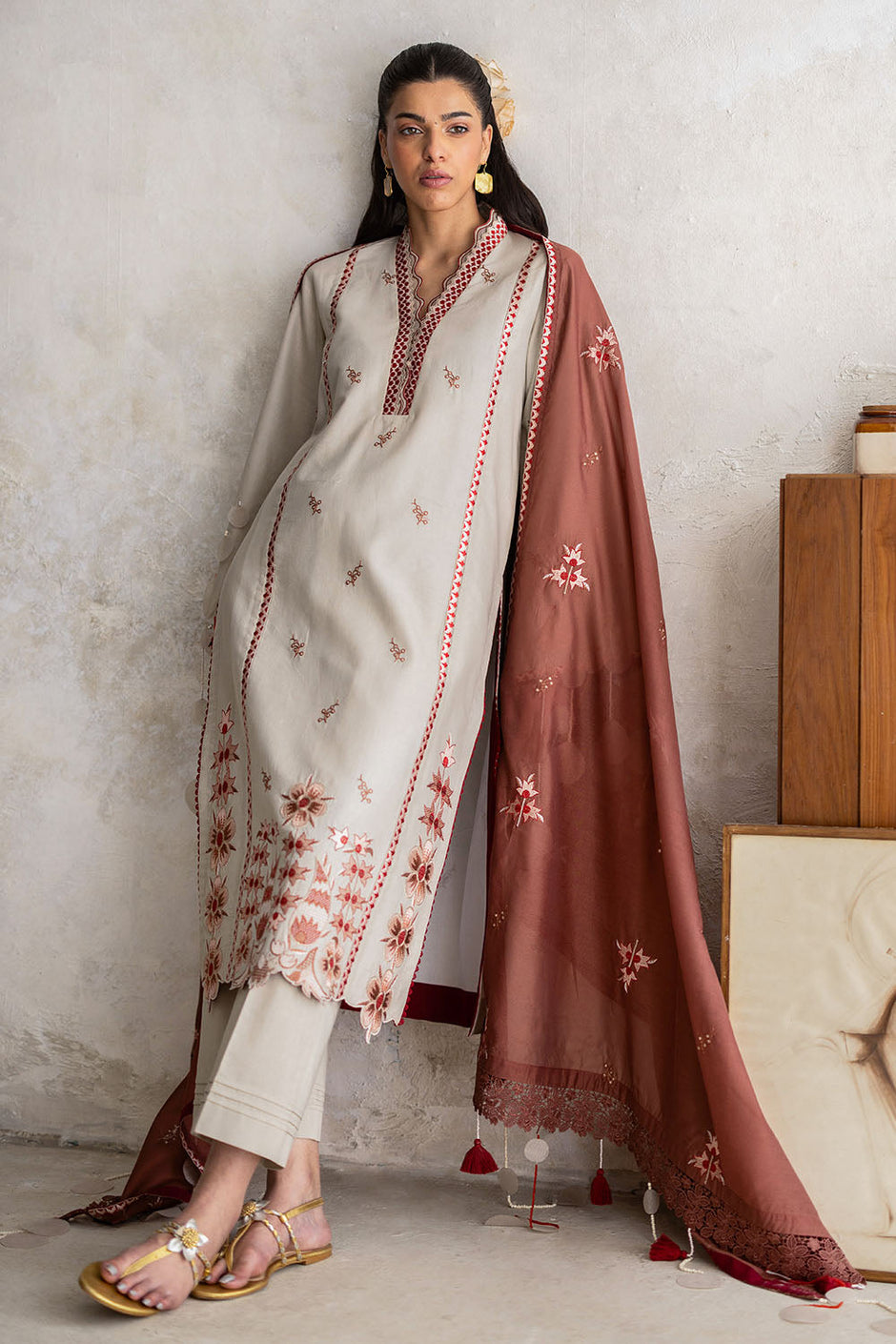 3 Piece Embroidered Lawn Suit with Paper Cotton Dupatta and Borders