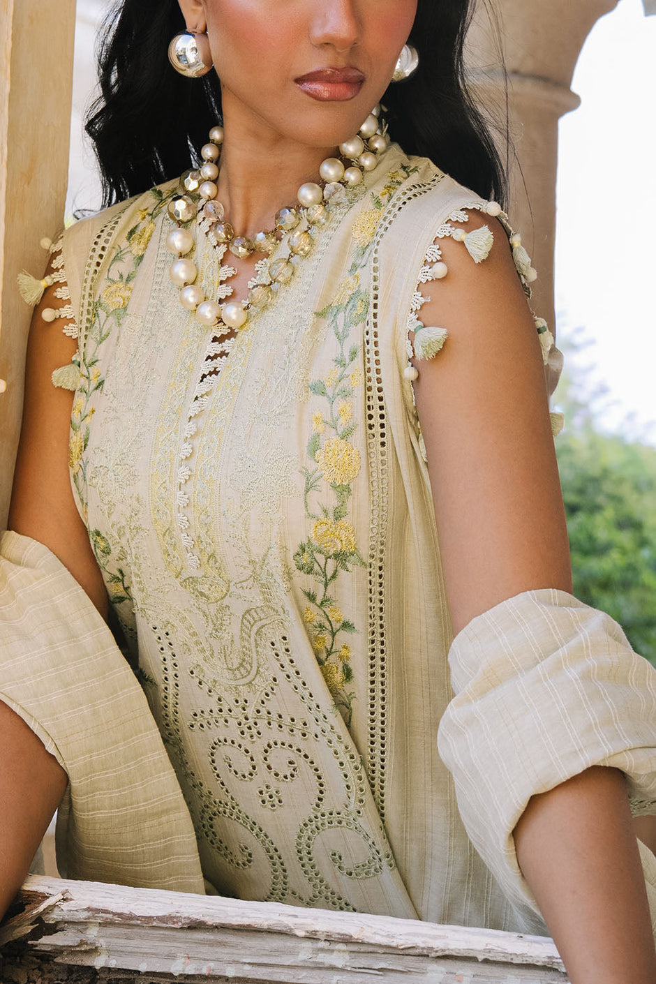3 Piece Embroidered Zari Stripe Suit with Organza Borders and Embroidered Jacquard Dupatta