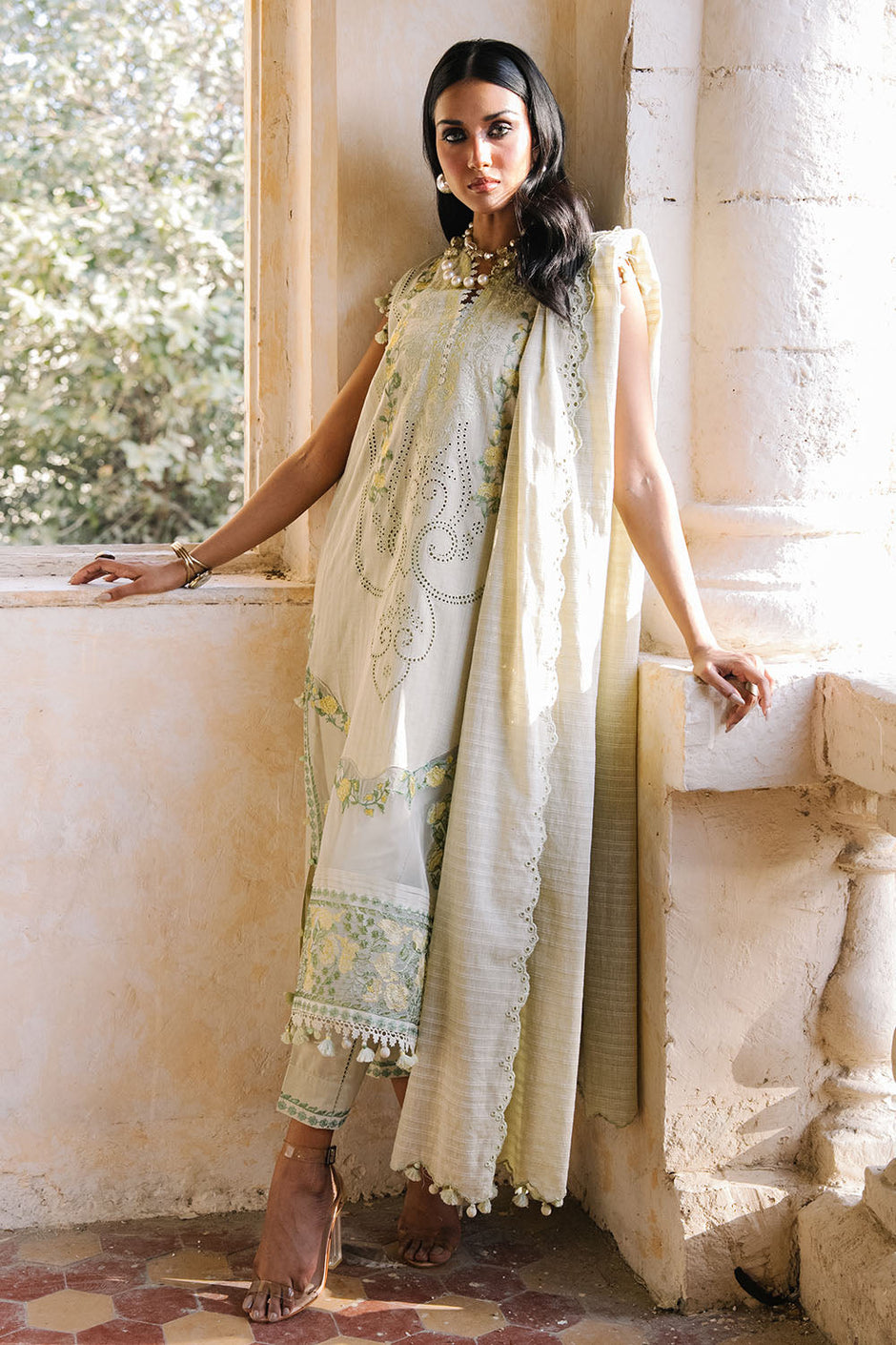 3 Piece Embroidered Zari Stripe Suit with Organza Borders and Embroidered Jacquard Dupatta