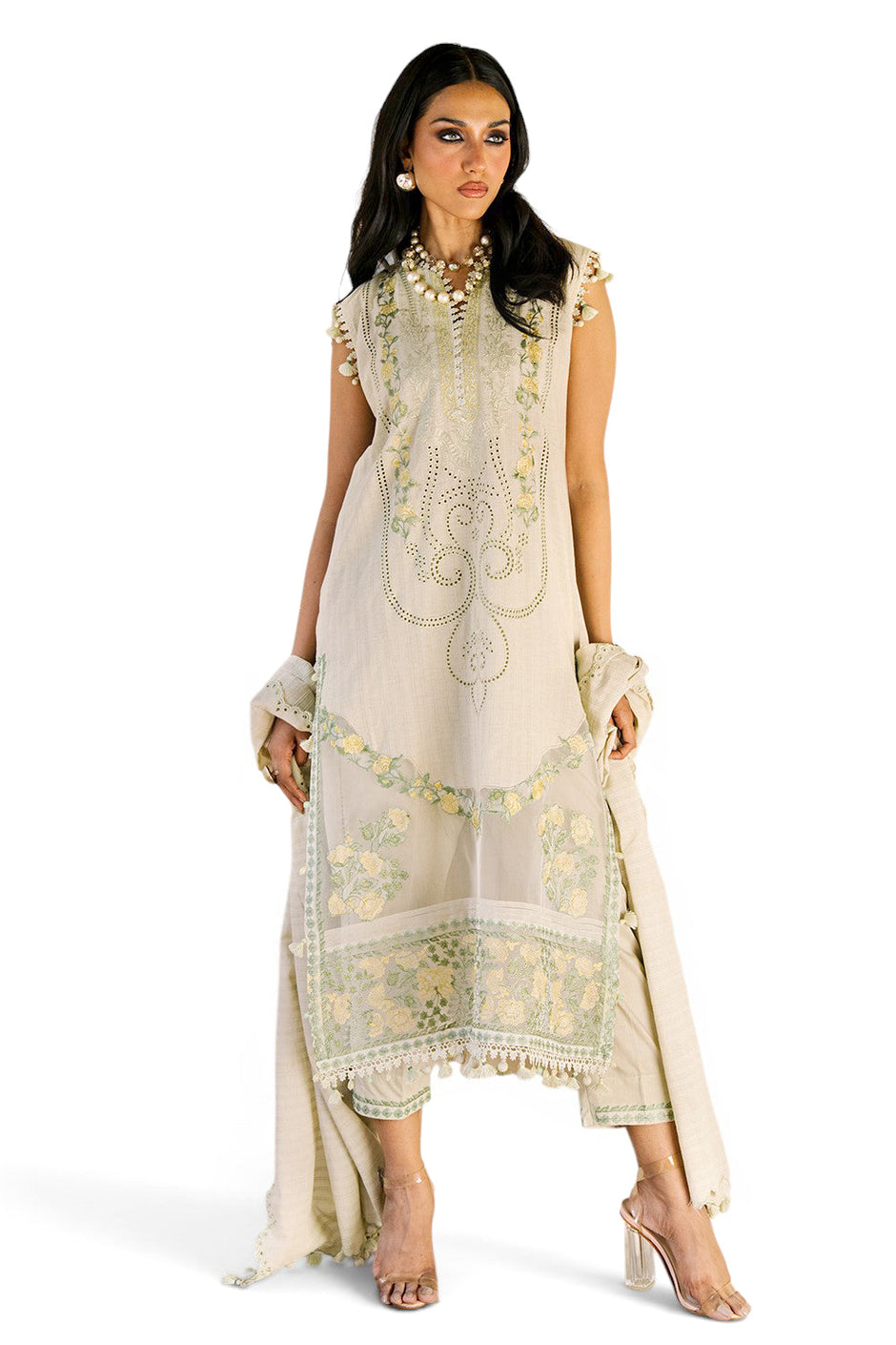 3 Piece Embroidered Zari Stripe Suit with Organza Borders and Embroidered Jacquard Dupatta