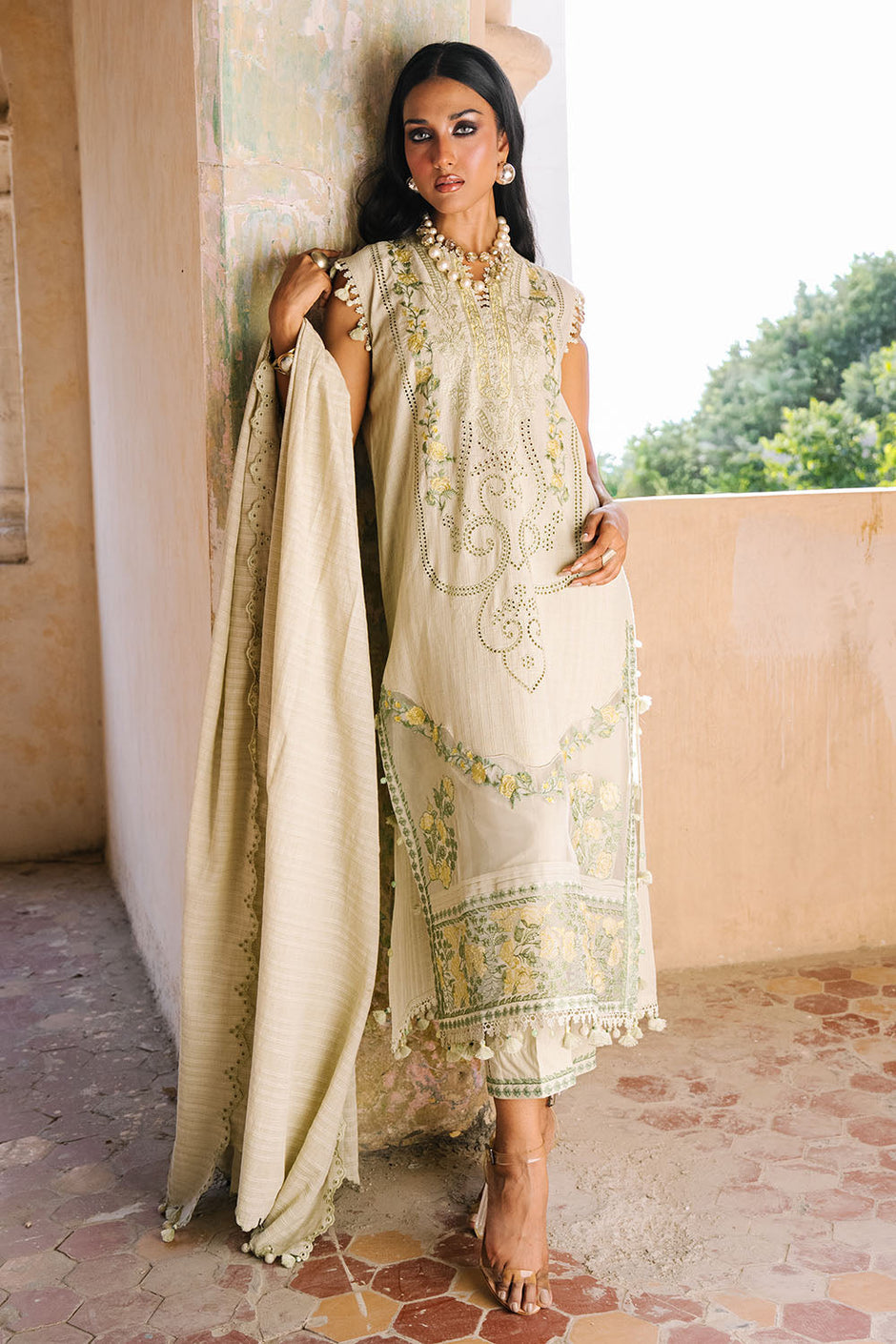 3 Piece Embroidered Zari Stripe Suit with Organza Borders and Embroidered Jacquard Dupatta