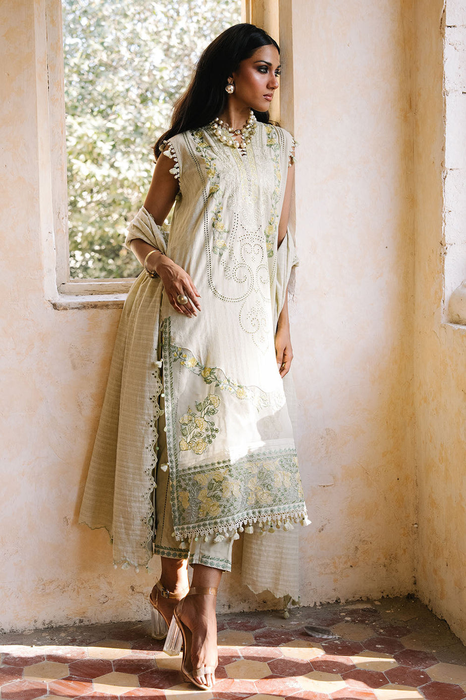 3 Piece Embroidered Zari Stripe Suit with Organza Borders and Embroidered Jacquard Dupatta