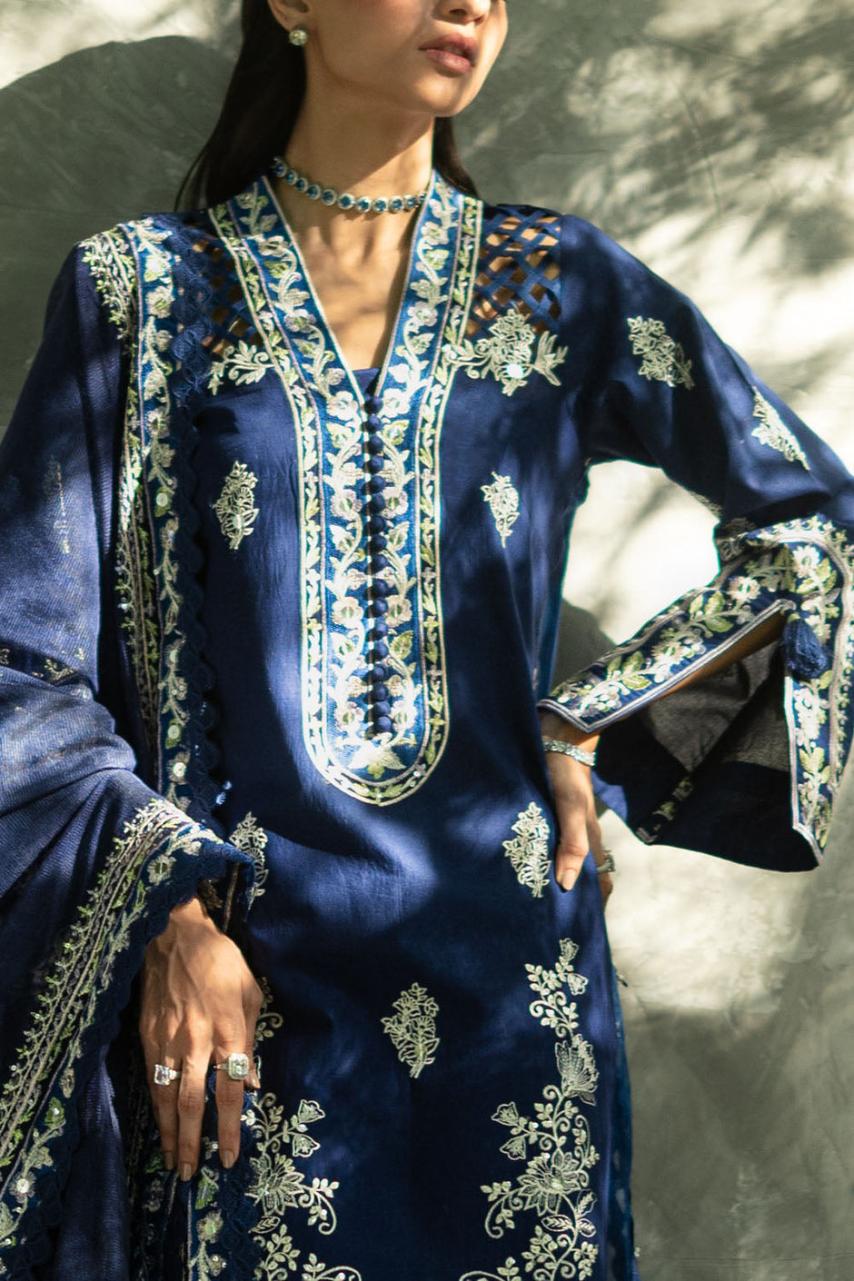 3 Piece Embroidered Lawn Suit with Embroidered Borders and Embroidered Khaddi Net Dupatta