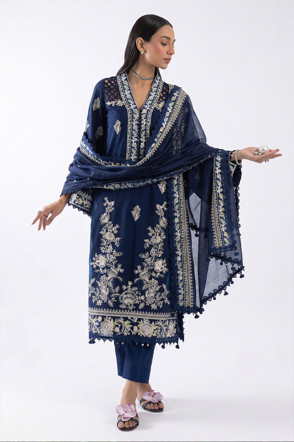 3 Piece Embroidered Lawn Suit with Embroidered Borders and Embroidered Khaddi Net Dupatta