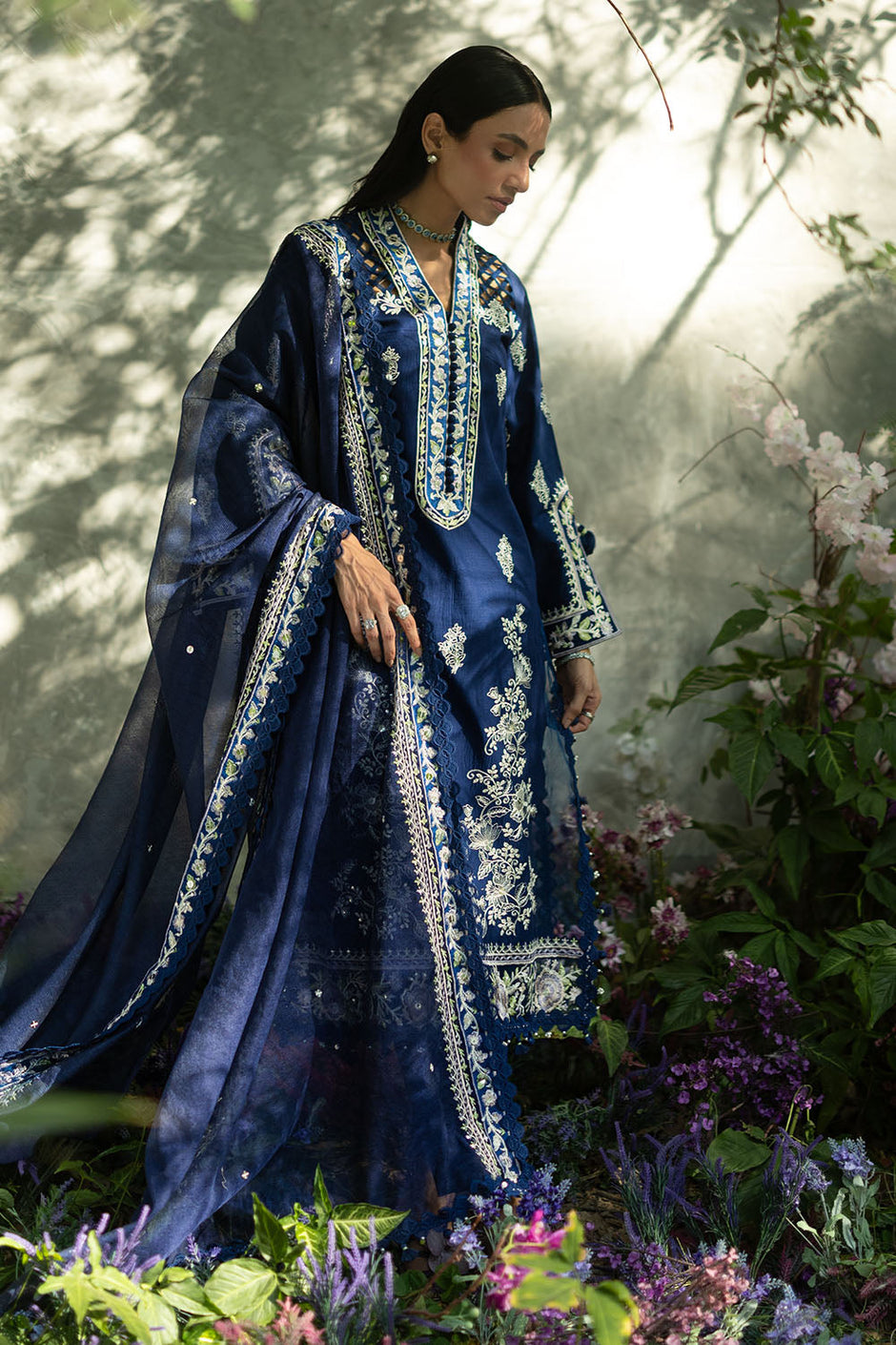 3 Piece Embroidered Lawn Suit with Embroidered Borders and Embroidered Khaddi Net Dupatta