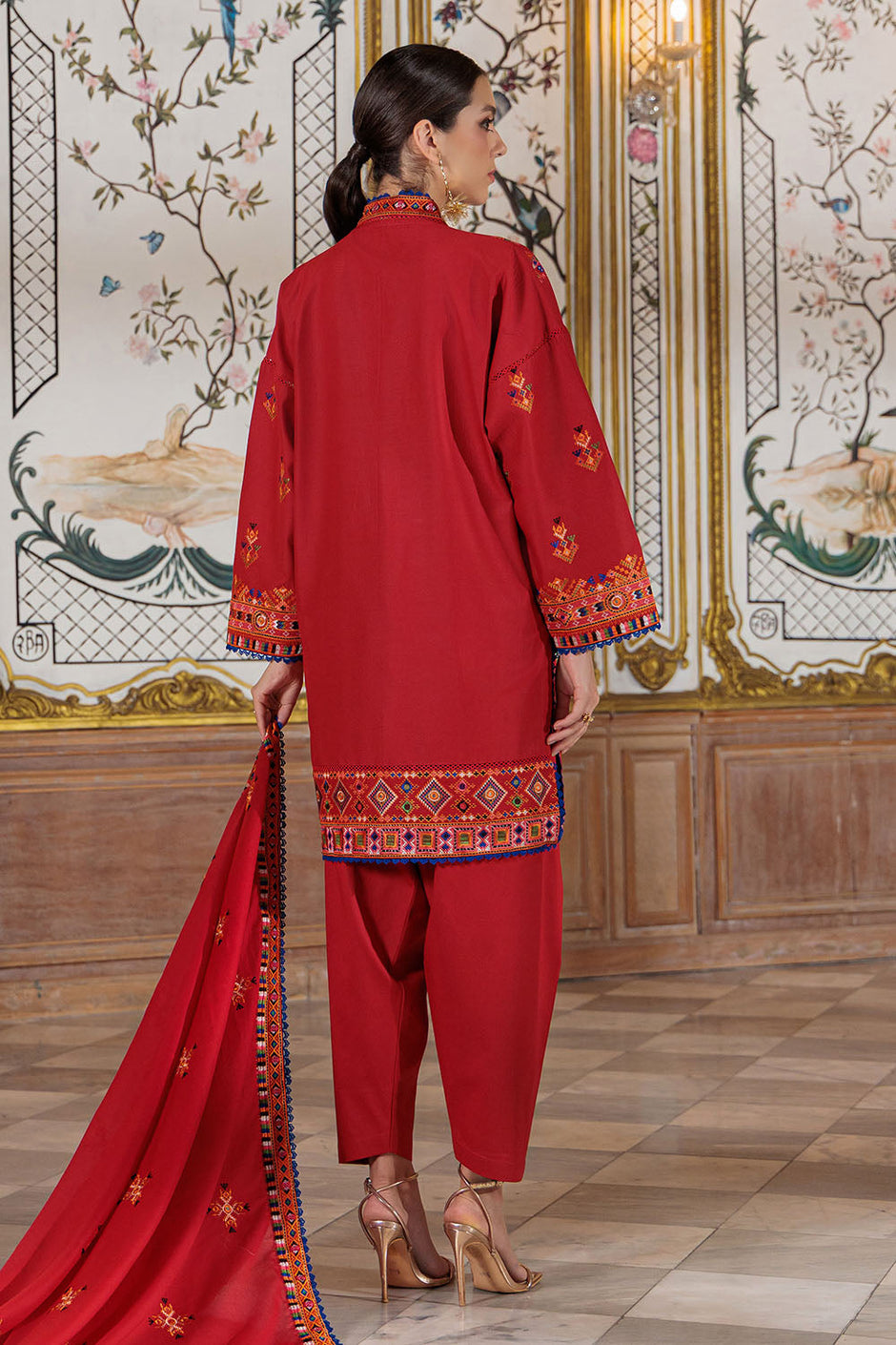 3 Piece Embroidered Lawn Suit with Embroidered Borders