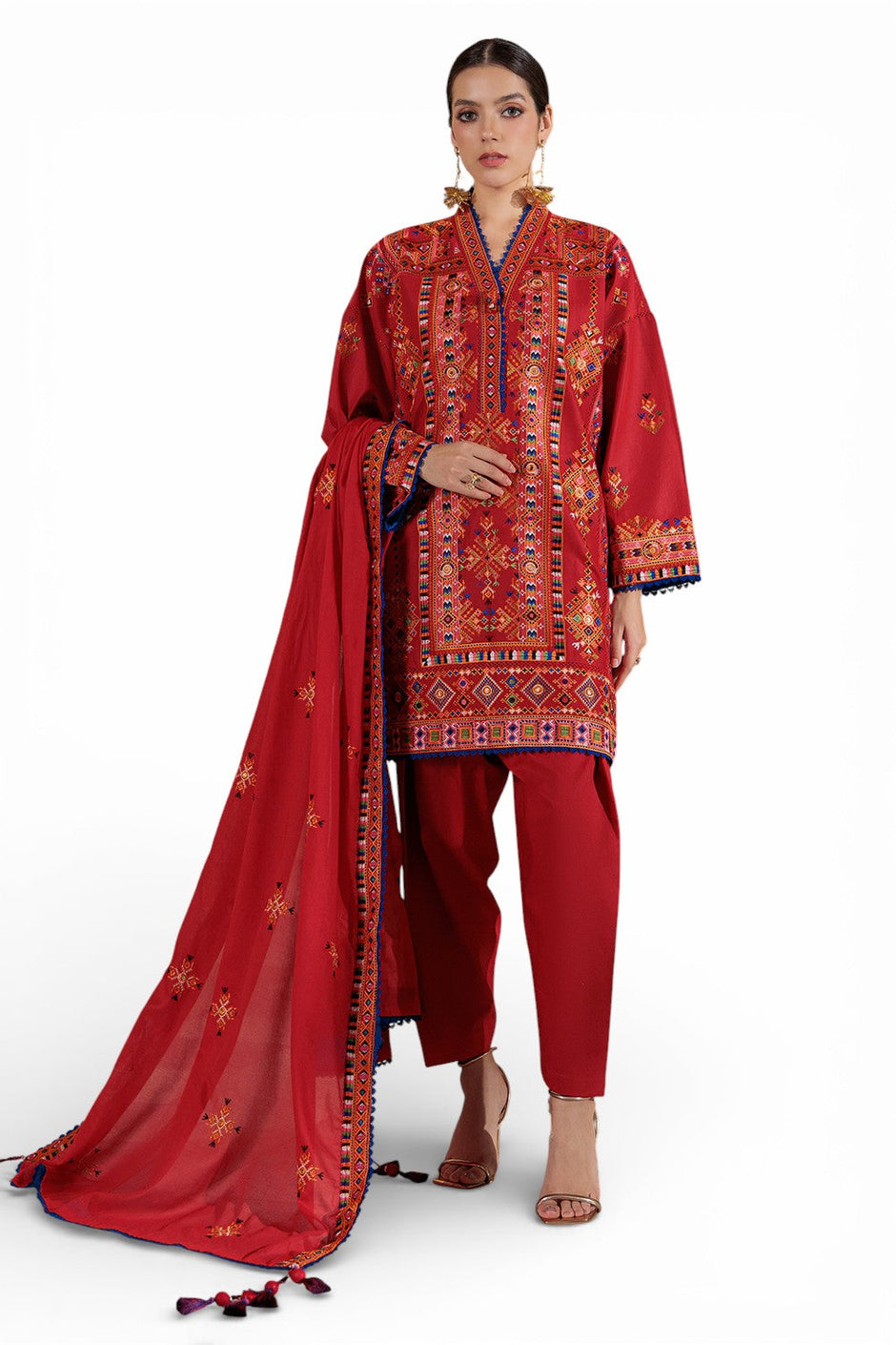 3 Piece Embroidered Lawn Suit with Embroidered Borders