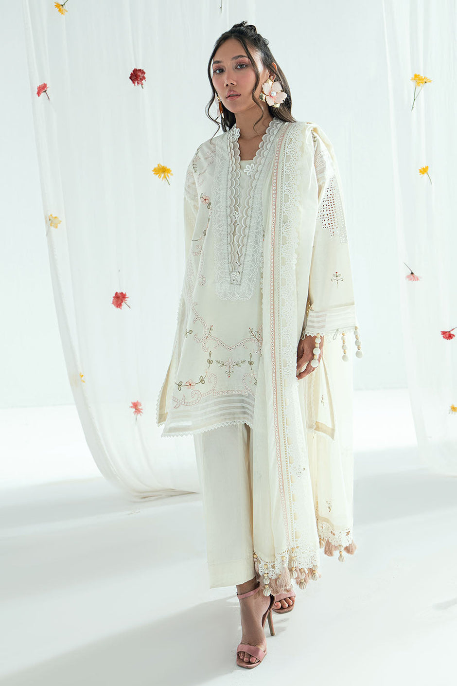 3 Piece Embroidered Lawn Suit with Embroidered Denting Dupatta