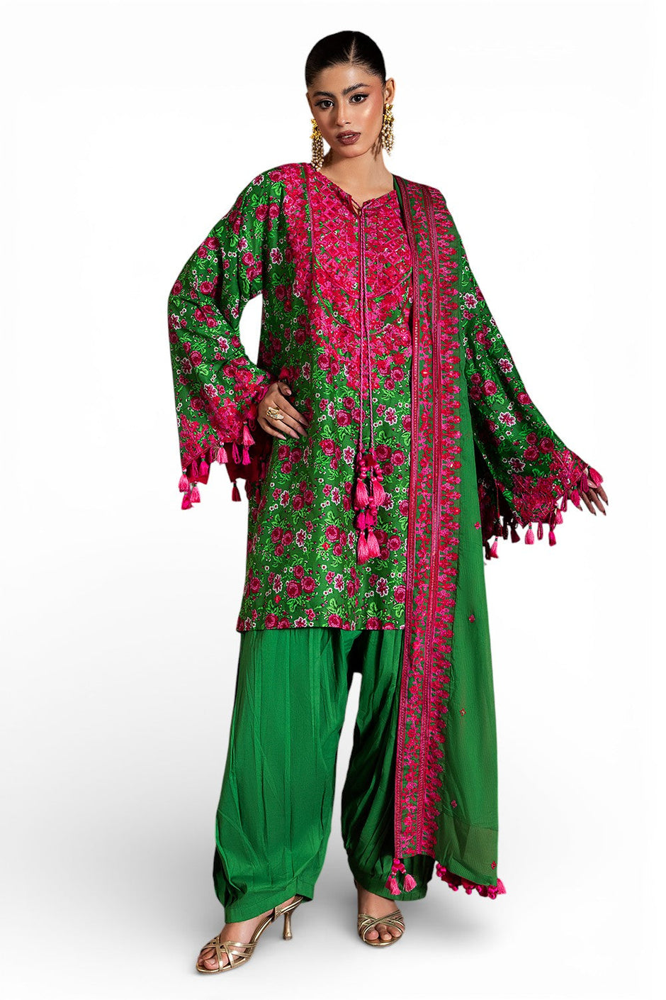 3 Piece Embroidered Printed Lawn Suit with Embroidered Denting Dupatta