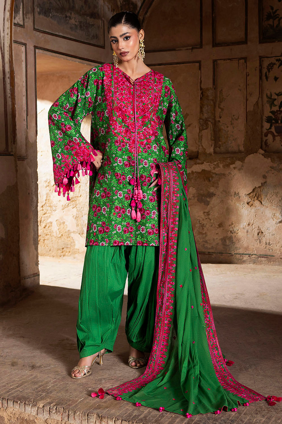 3 Piece Embroidered Printed Lawn Suit with Embroidered Denting Dupatta