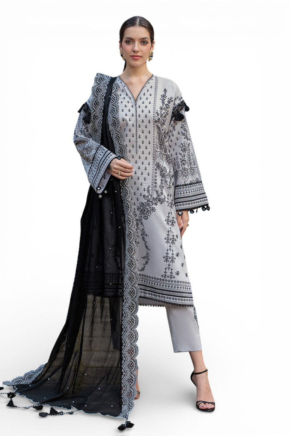 3 Piece Embroidered Lawn Suit with Embroidered Denting Dupatta