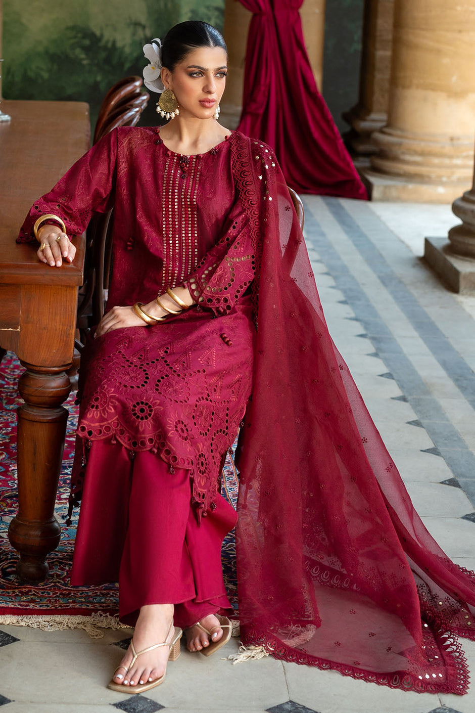 3 Piece Schiffli Embroidered Lawn Suit with Sequins Neckline and Net Dupatta