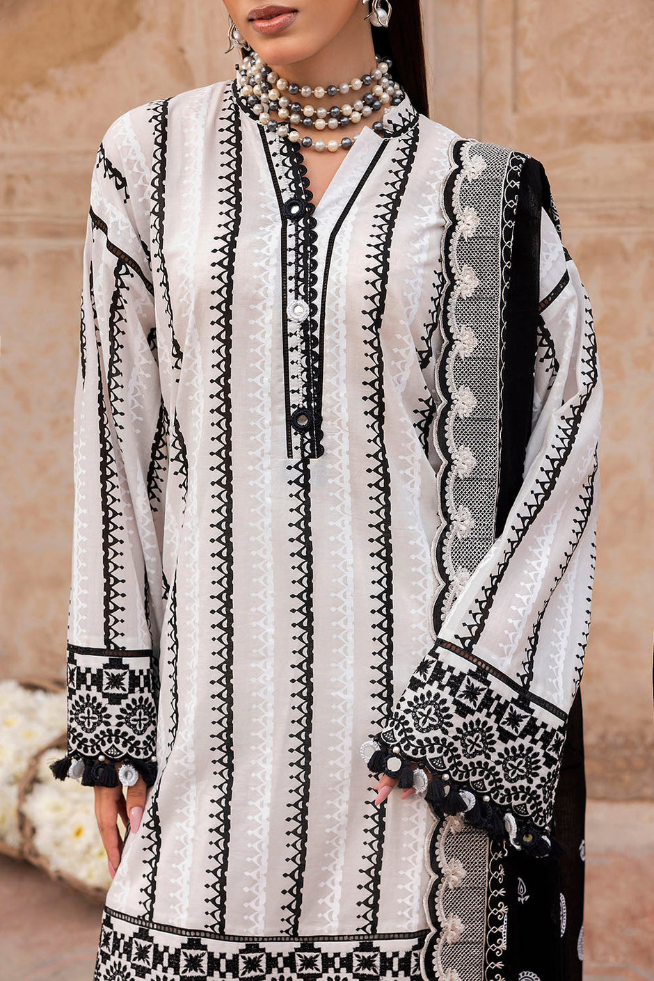 3 Piece Lacquer Printed Lawn Suit with Embroidered Lacquer Printed Denting Dupatta and Printed Trouser
