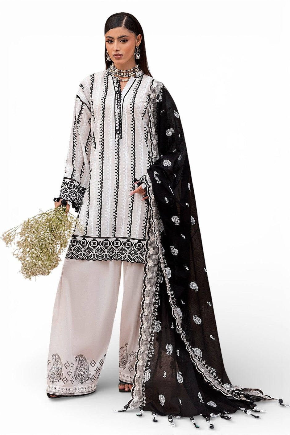 3 Piece Lacquer Printed Lawn Suit with Embroidered Lacquer Printed Denting Dupatta and Printed Trouser