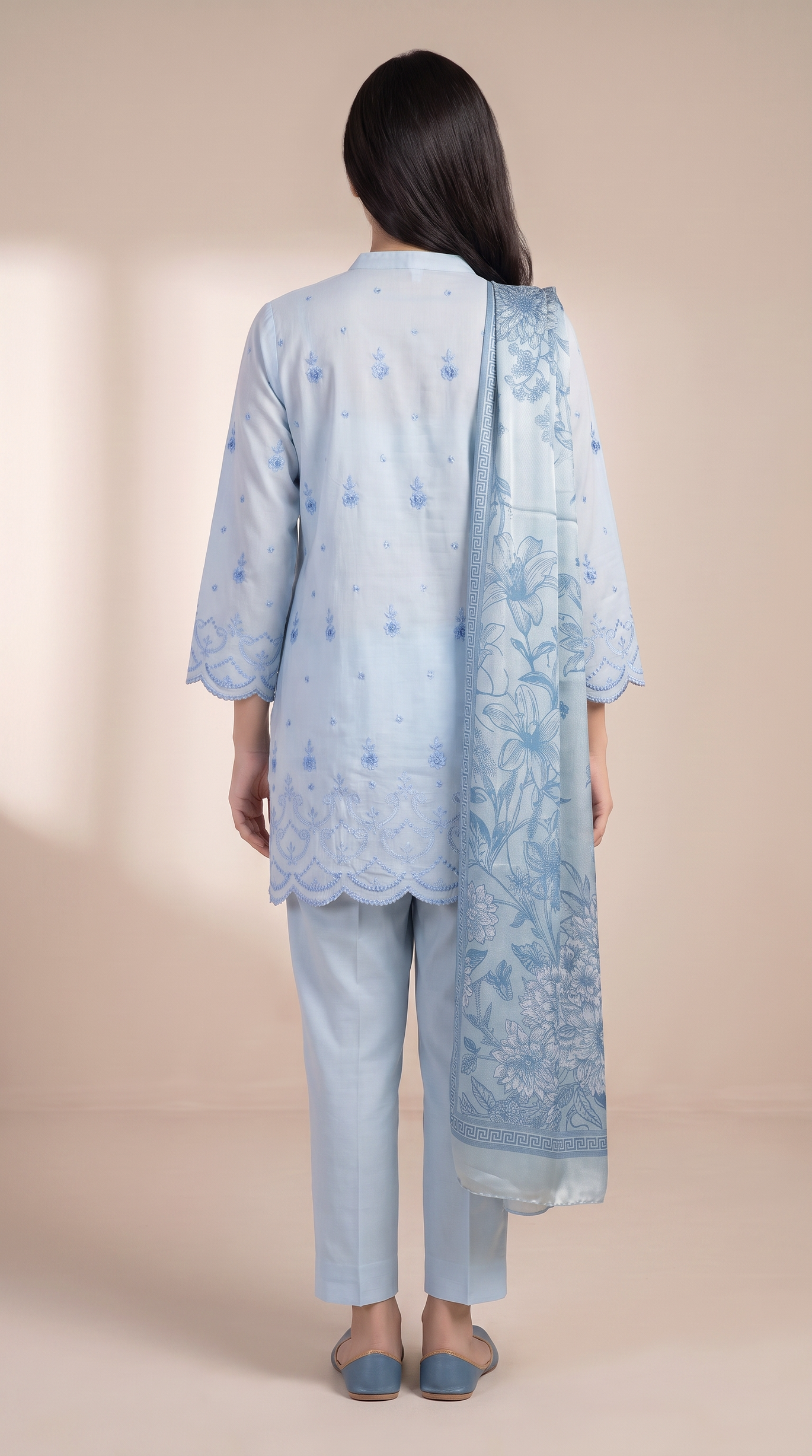 3Pc Shiffili Embroidered Suit with Silk Dupatta