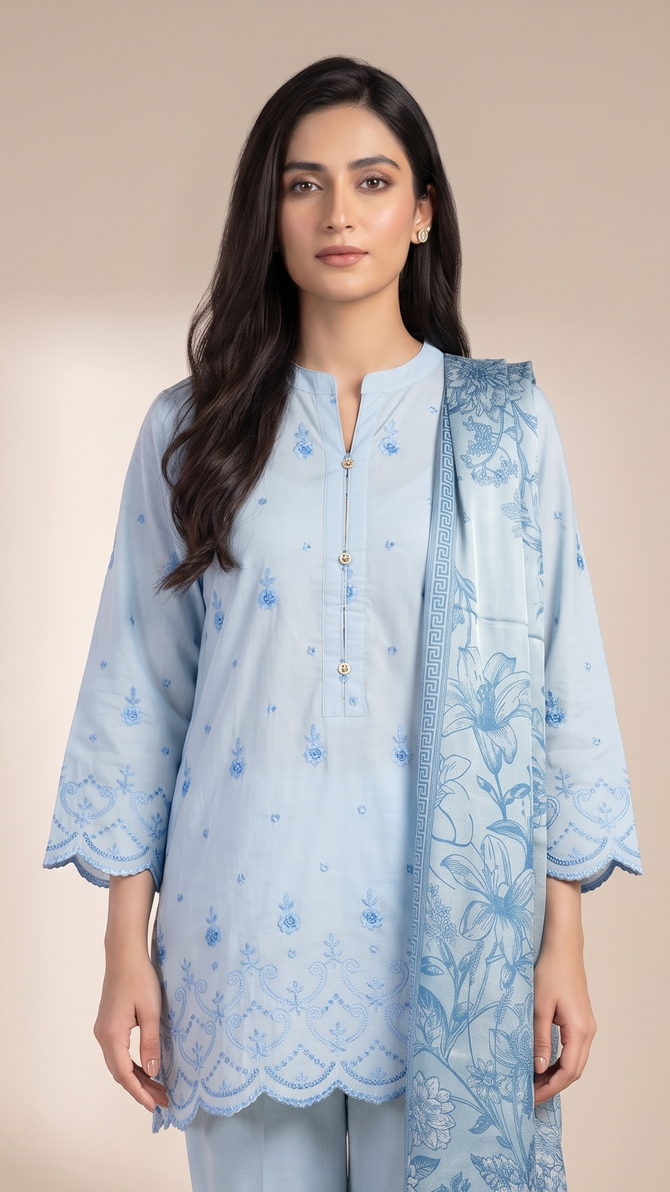 3Pc Shiffili Embroidered Suit with Silk Dupatta