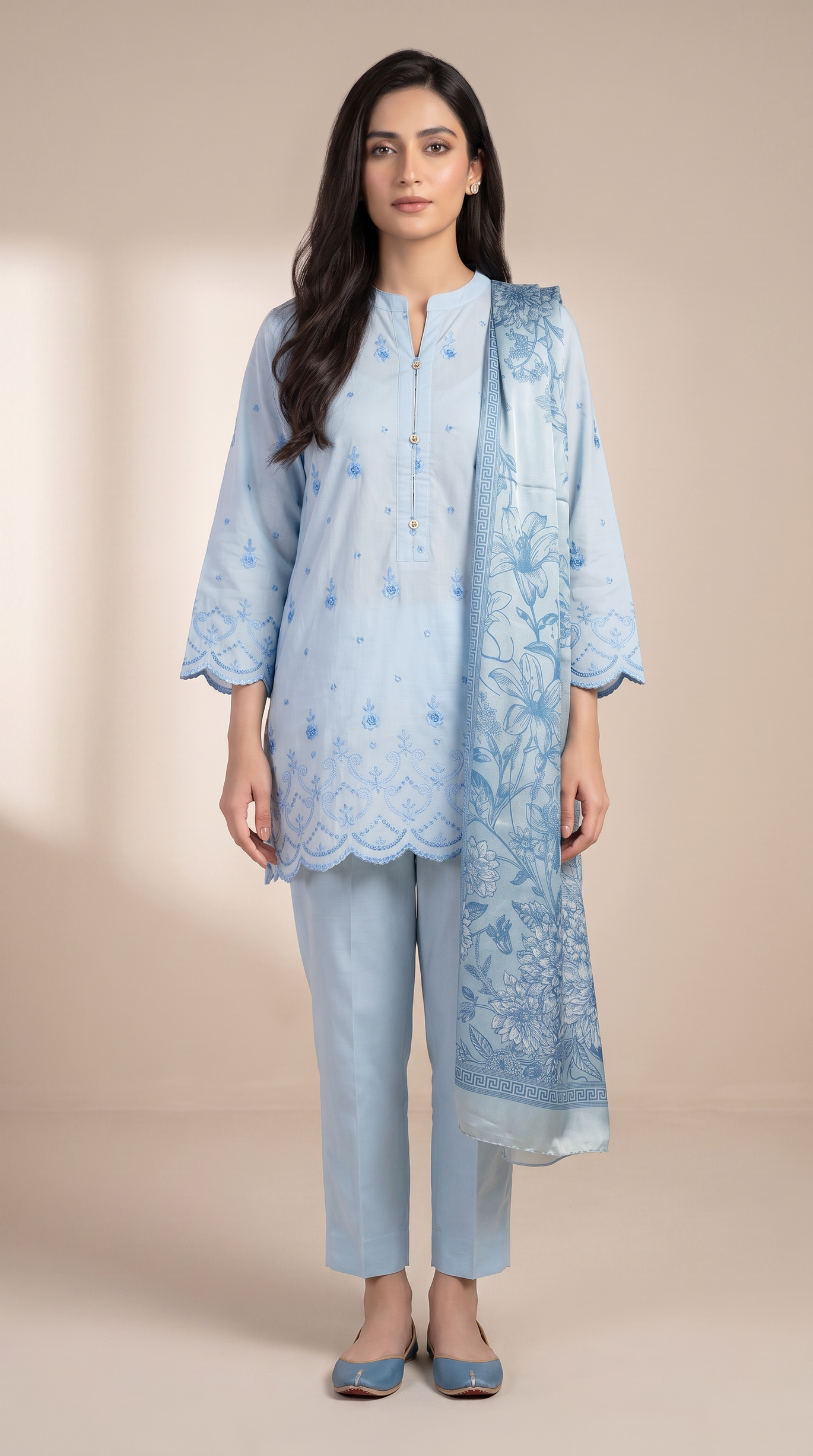 3Pc Shiffili Embroidered Suit with Silk Dupatta