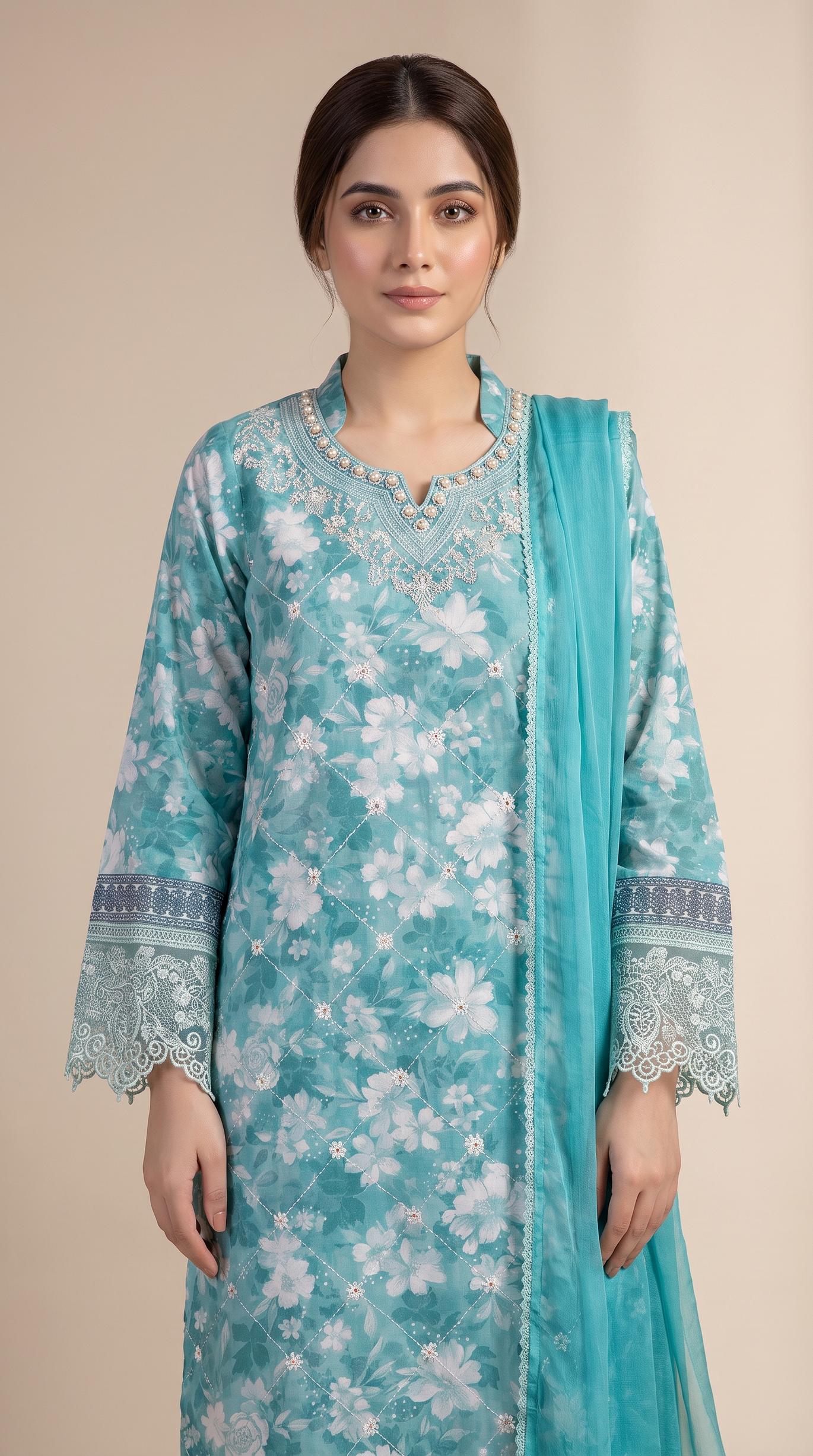 3Pc Embroidered Suit with Cotton Net Dupatta