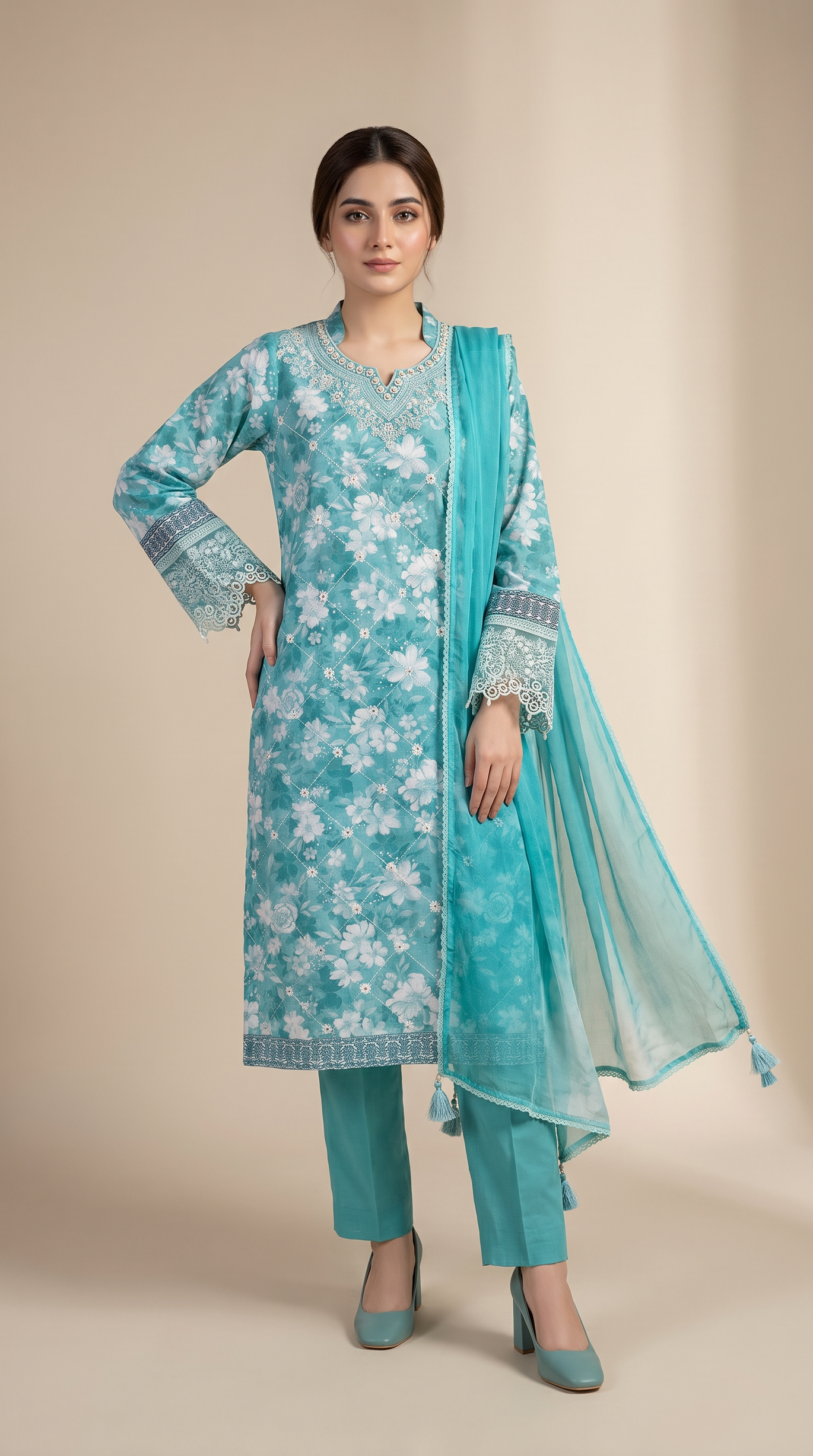 3Pc Embroidered Suit with Cotton Net Dupatta