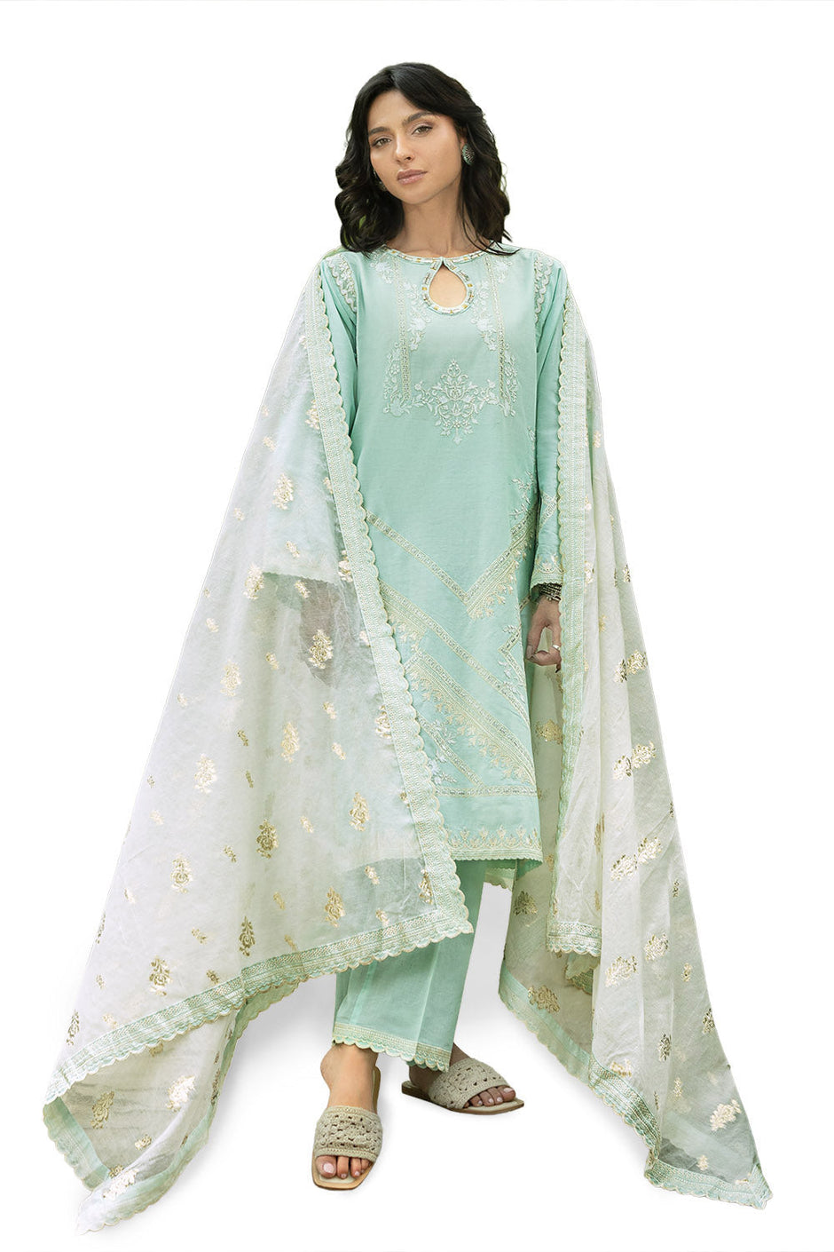 3 Piece Embroidered Lawn Suit with Embroidered Organza Details and Jacquard Dupatta