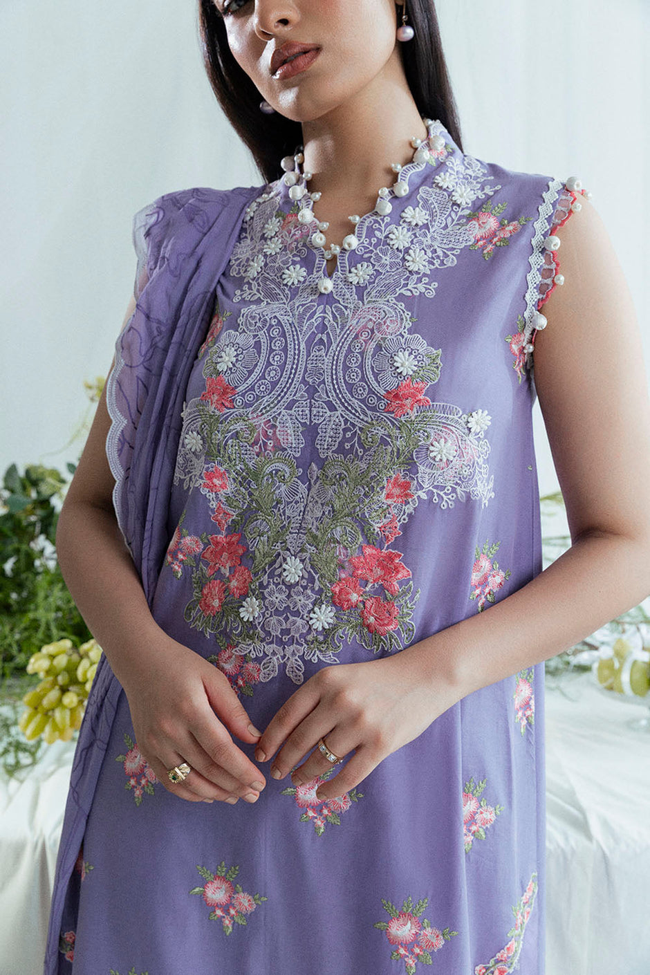 3 Piece Embroidered Lawn Suit with Neckline, Bunches and Chiffon Dupatta
