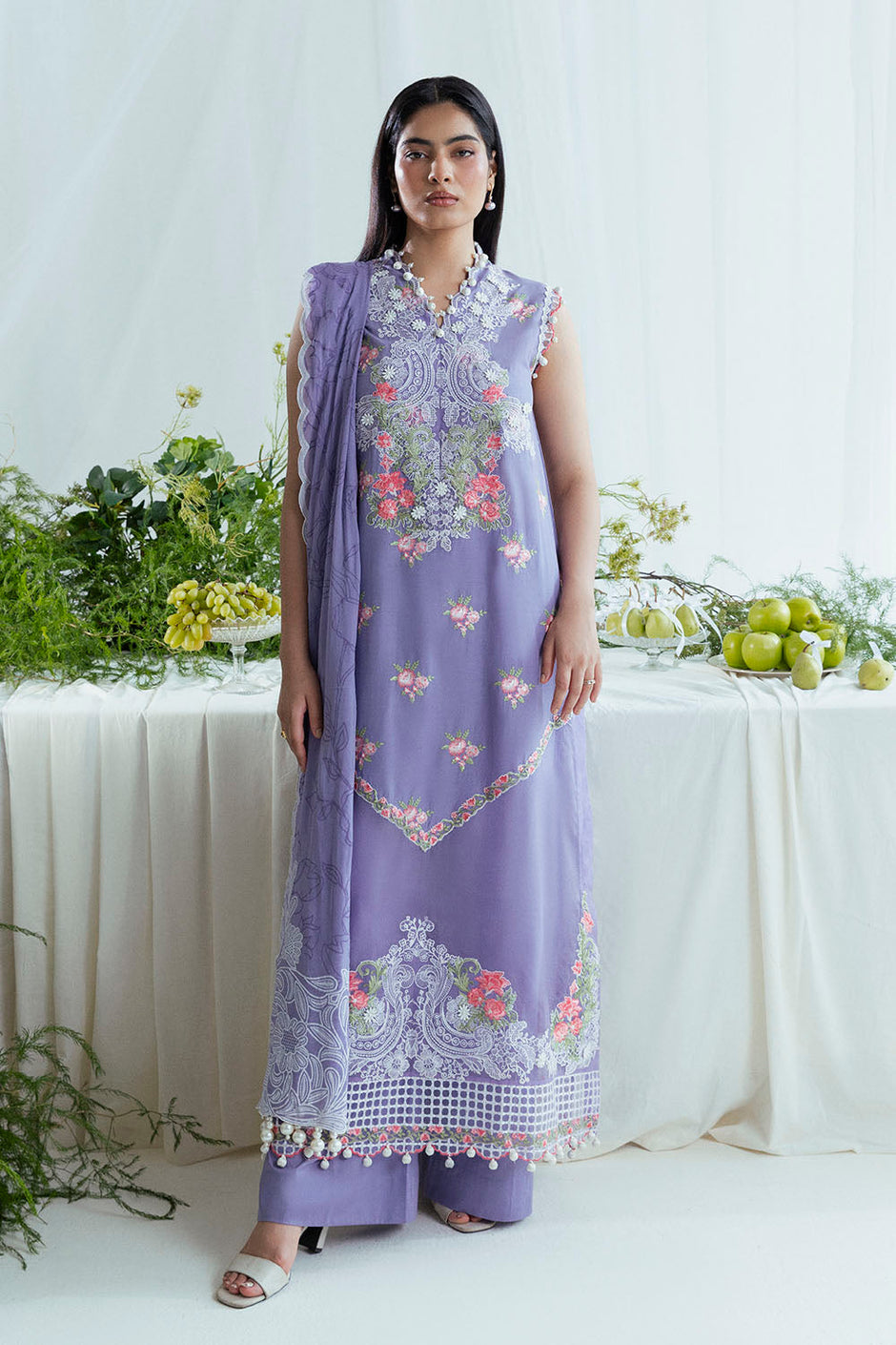 3 Piece Embroidered Lawn Suit with Neckline, Bunches and Chiffon Dupatta