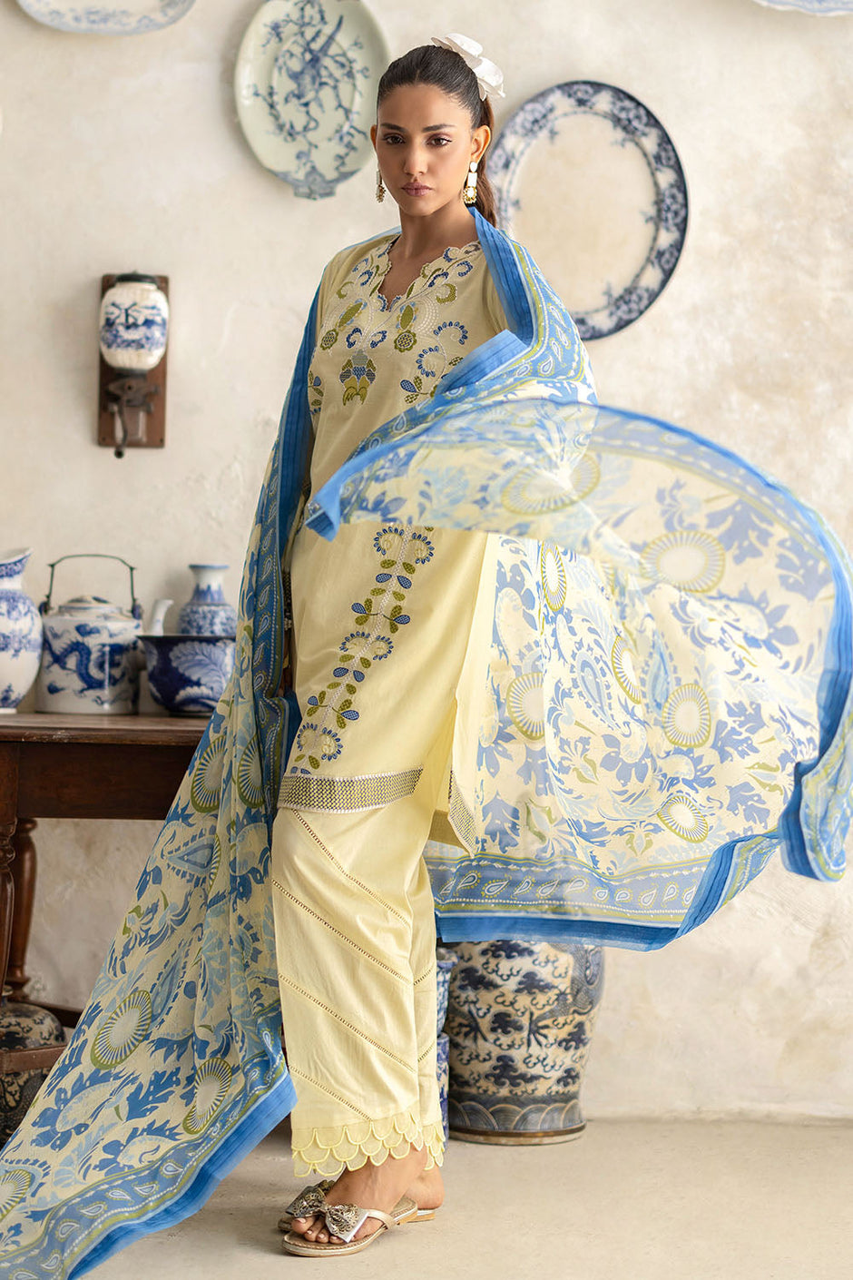 3 Piece Embroidered Lawn Suit with Chiffon Dupatta and Borders
