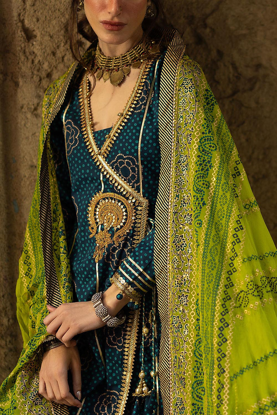 3 Piece Gold and Lacquer Printed Lawn Suit with Gold and Lacquer Printed Chiffon Dupatta and Dyed Trouser