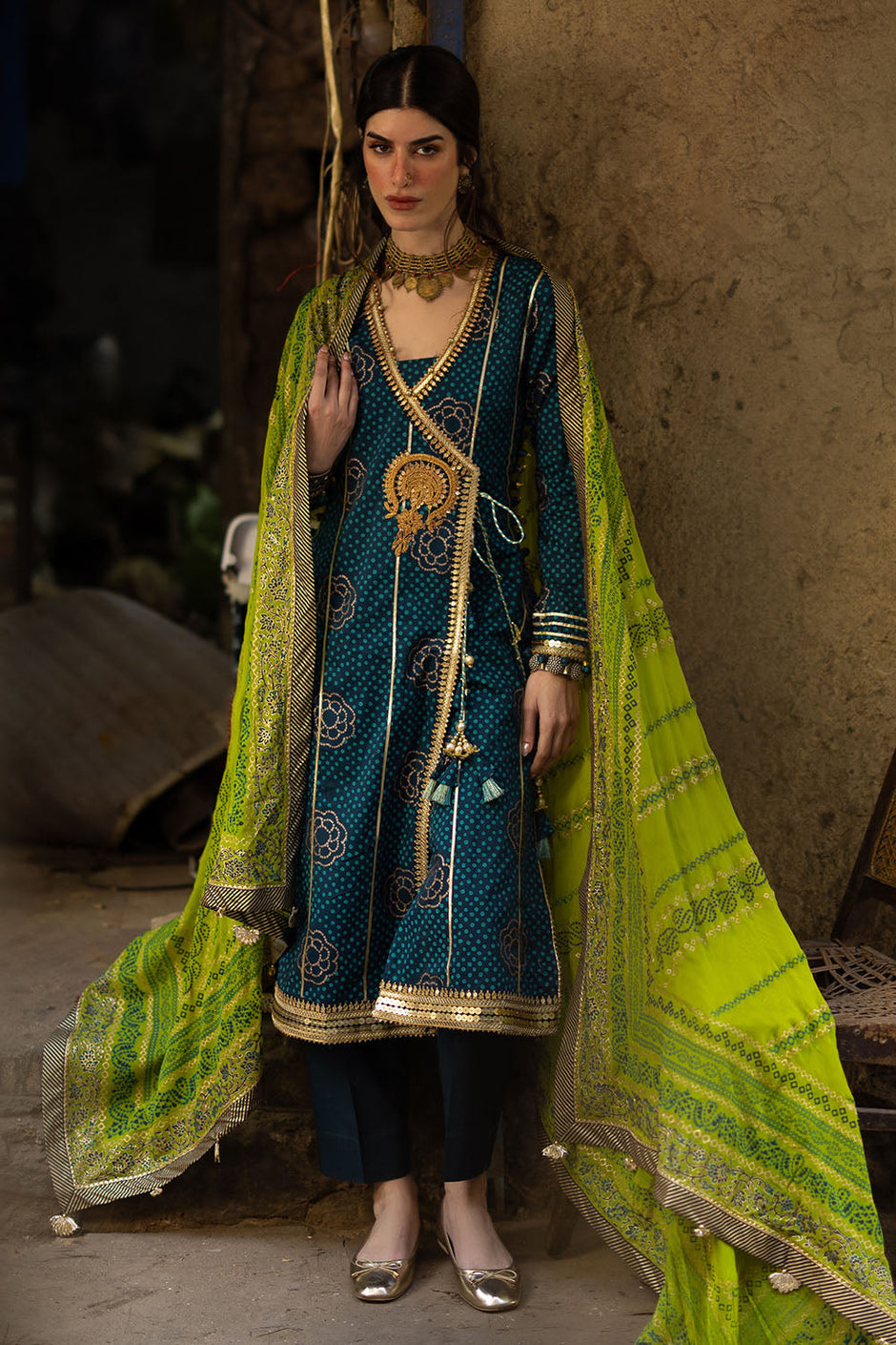 3 Piece Gold and Lacquer Printed Lawn Suit with Gold and Lacquer Printed Chiffon Dupatta and Dyed Trouser