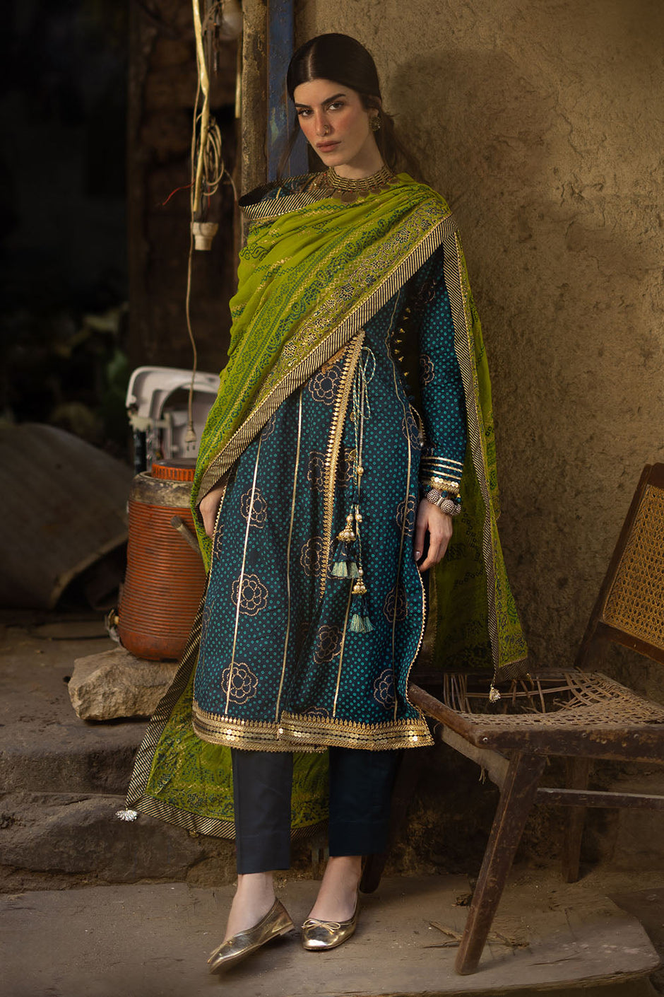 3 Piece Gold and Lacquer Printed Lawn Suit with Gold and Lacquer Printed Chiffon Dupatta and Dyed Trouser