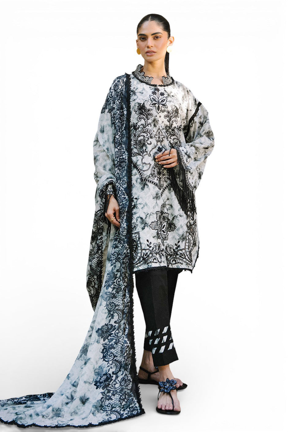 3 Piece Embroidered Printed Lawn Suit with Printed Chiffon Dupatta