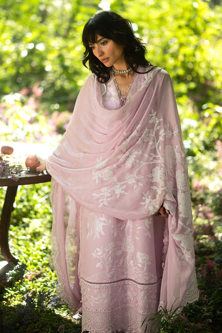 3 Piece Embroidered Lawn Suit with Embroidered Borders and Trouser and Lacquer Printed Chiffon Dupatta