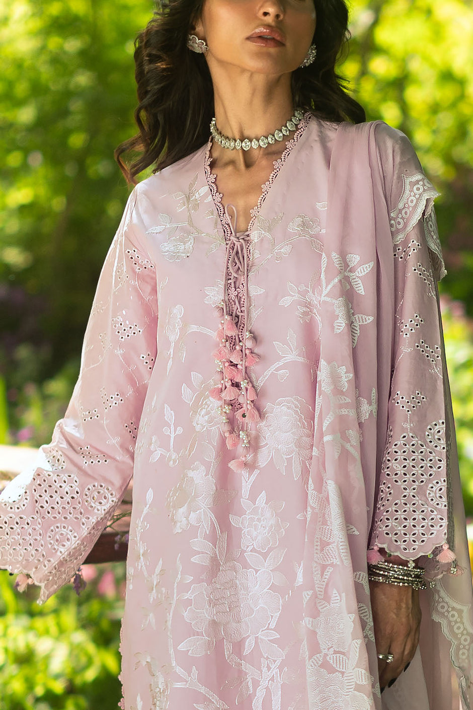 3 Piece Embroidered Lawn Suit with Embroidered Borders and Trouser and Lacquer Printed Chiffon Dupatta