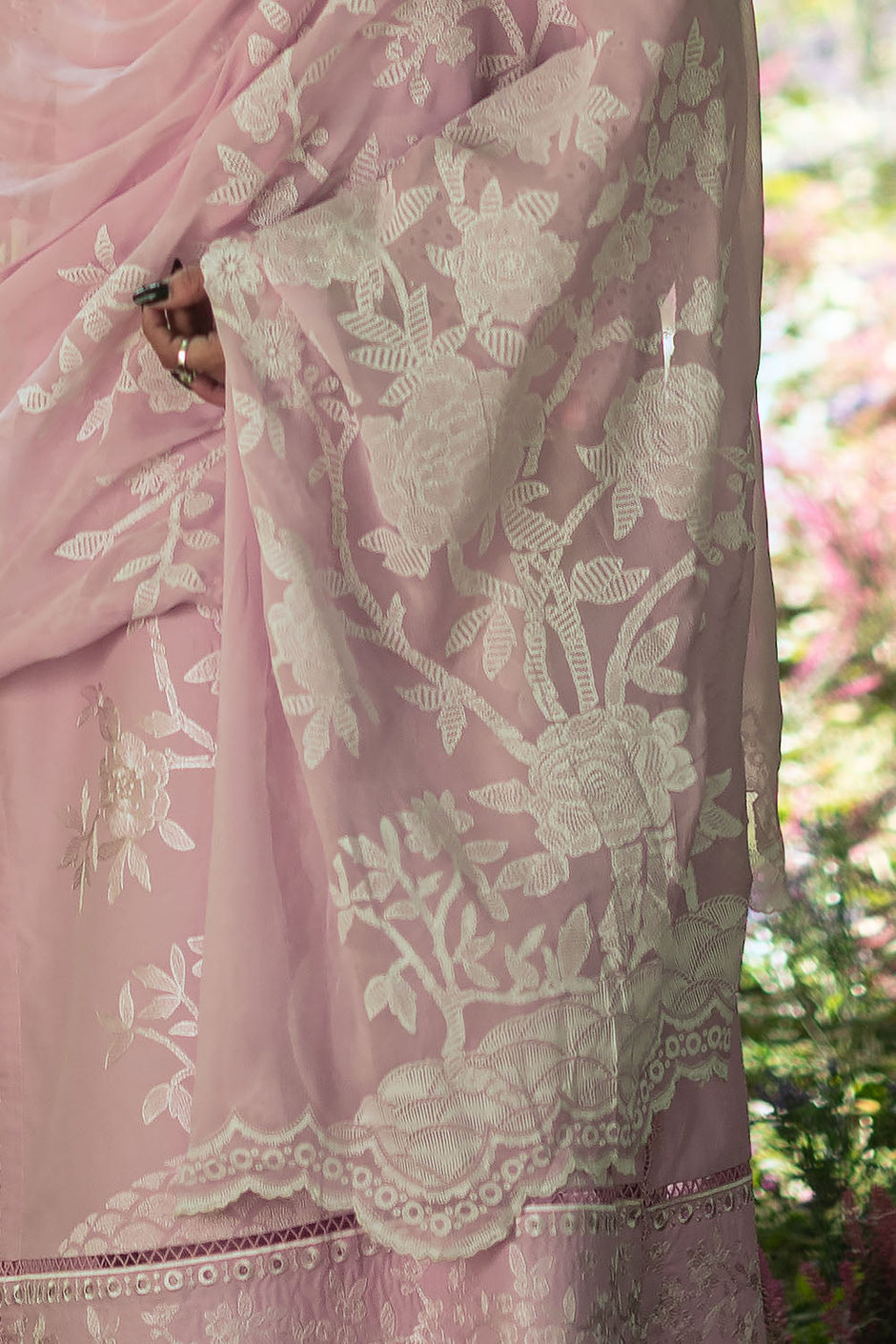 3 Piece Embroidered Lawn Suit with Embroidered Borders and Trouser and Lacquer Printed Chiffon Dupatta