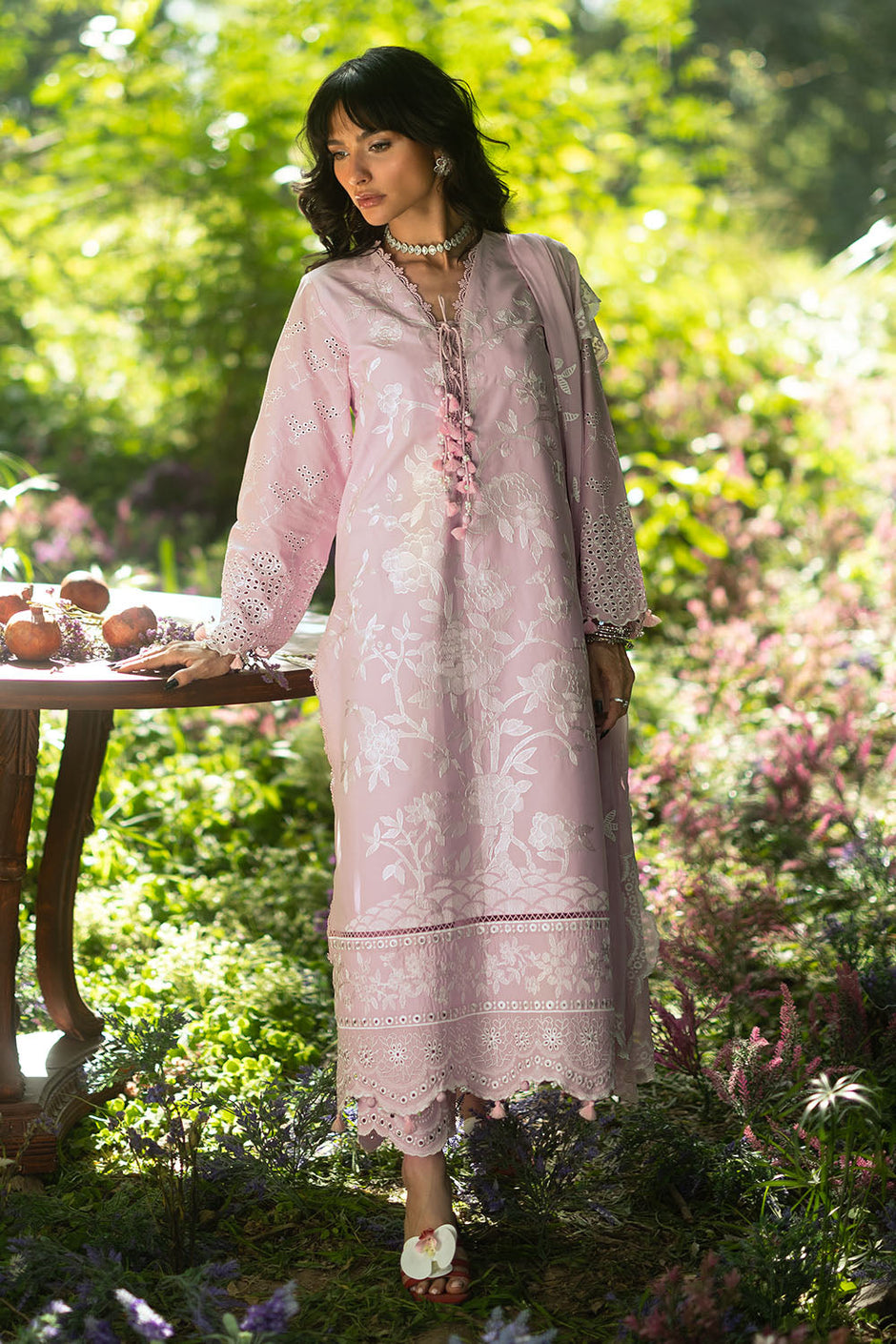 3 Piece Embroidered Lawn Suit with Embroidered Borders and Trouser and Lacquer Printed Chiffon Dupatta