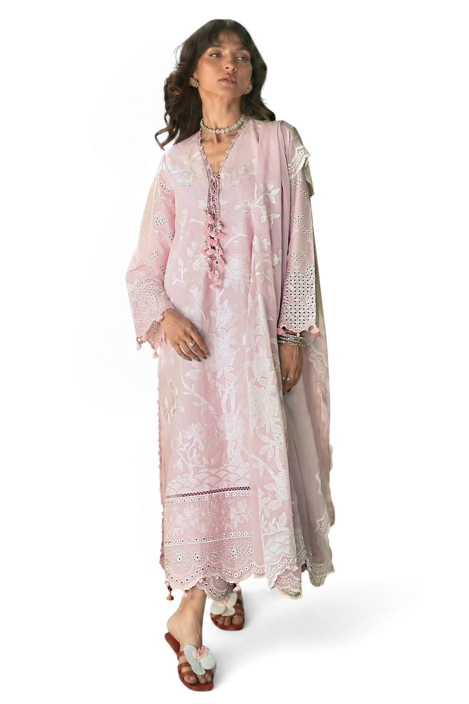 3 Piece Embroidered Lawn Suit with Embroidered Borders and Trouser and Lacquer Printed Chiffon Dupatta