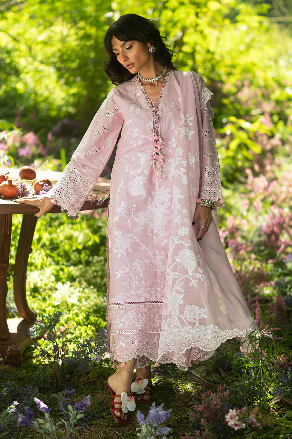 3 Piece Embroidered Lawn Suit with Embroidered Borders and Trouser and Lacquer Printed Chiffon Dupatta