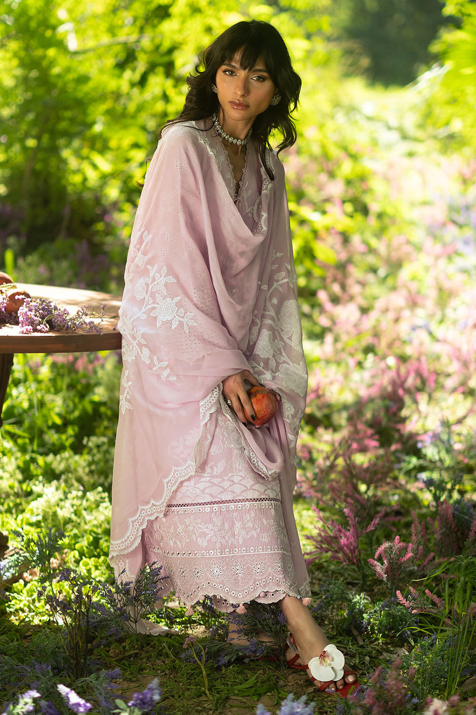3 Piece Embroidered Lawn Suit with Embroidered Borders and Trouser and Lacquer Printed Chiffon Dupatta