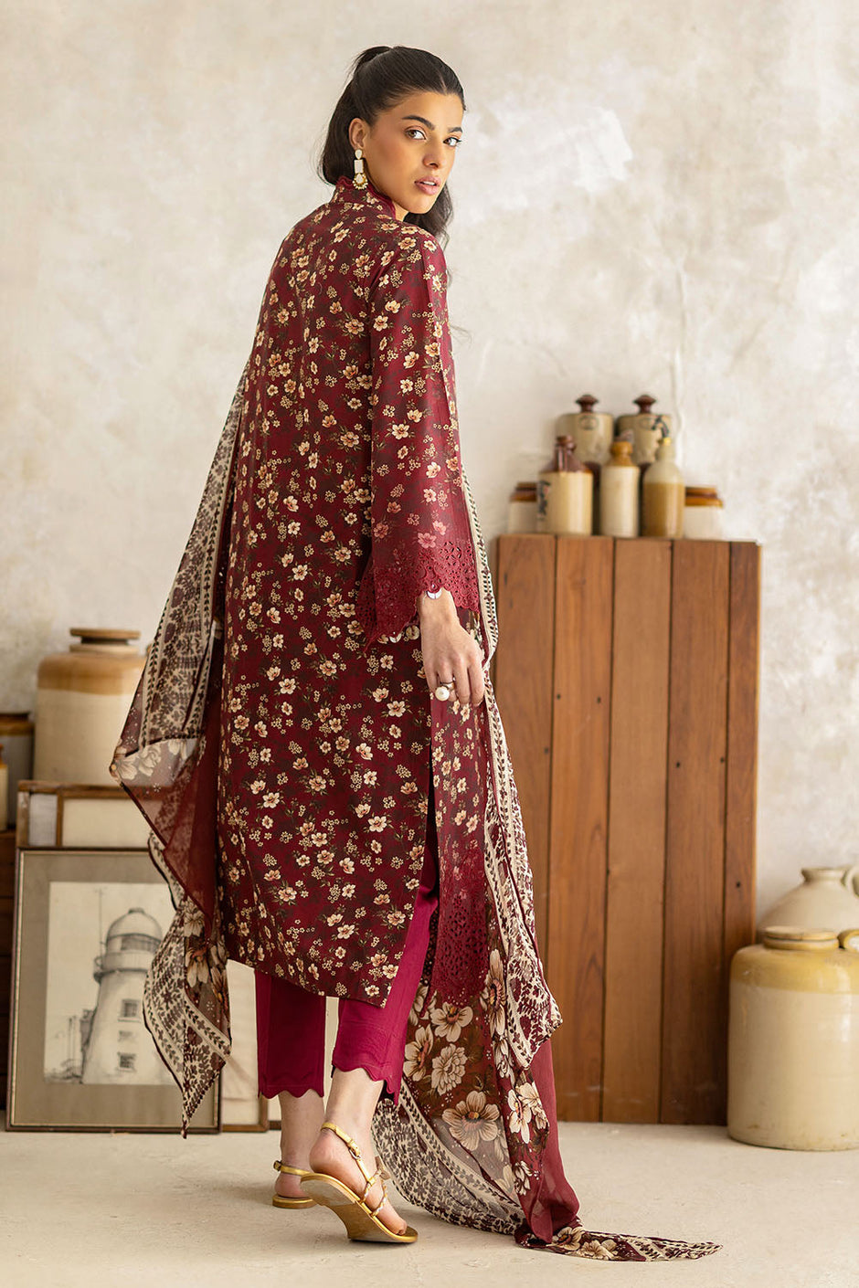 3 Piece Embroidered Printed Lawn Suit with Chiffon Dupatta