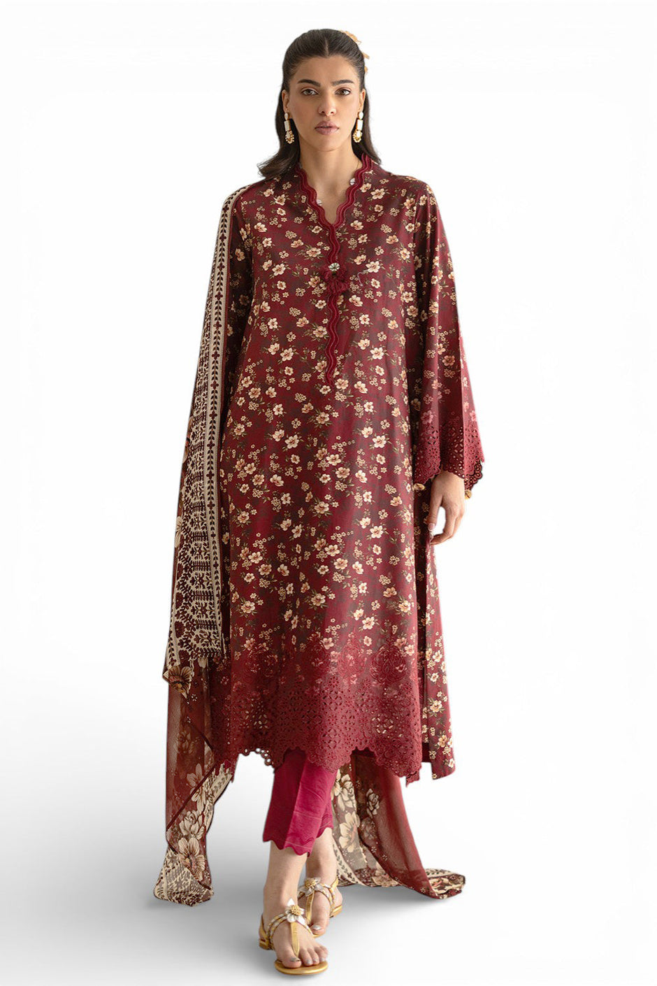 3 Piece Embroidered Printed Lawn Suit with Chiffon Dupatta