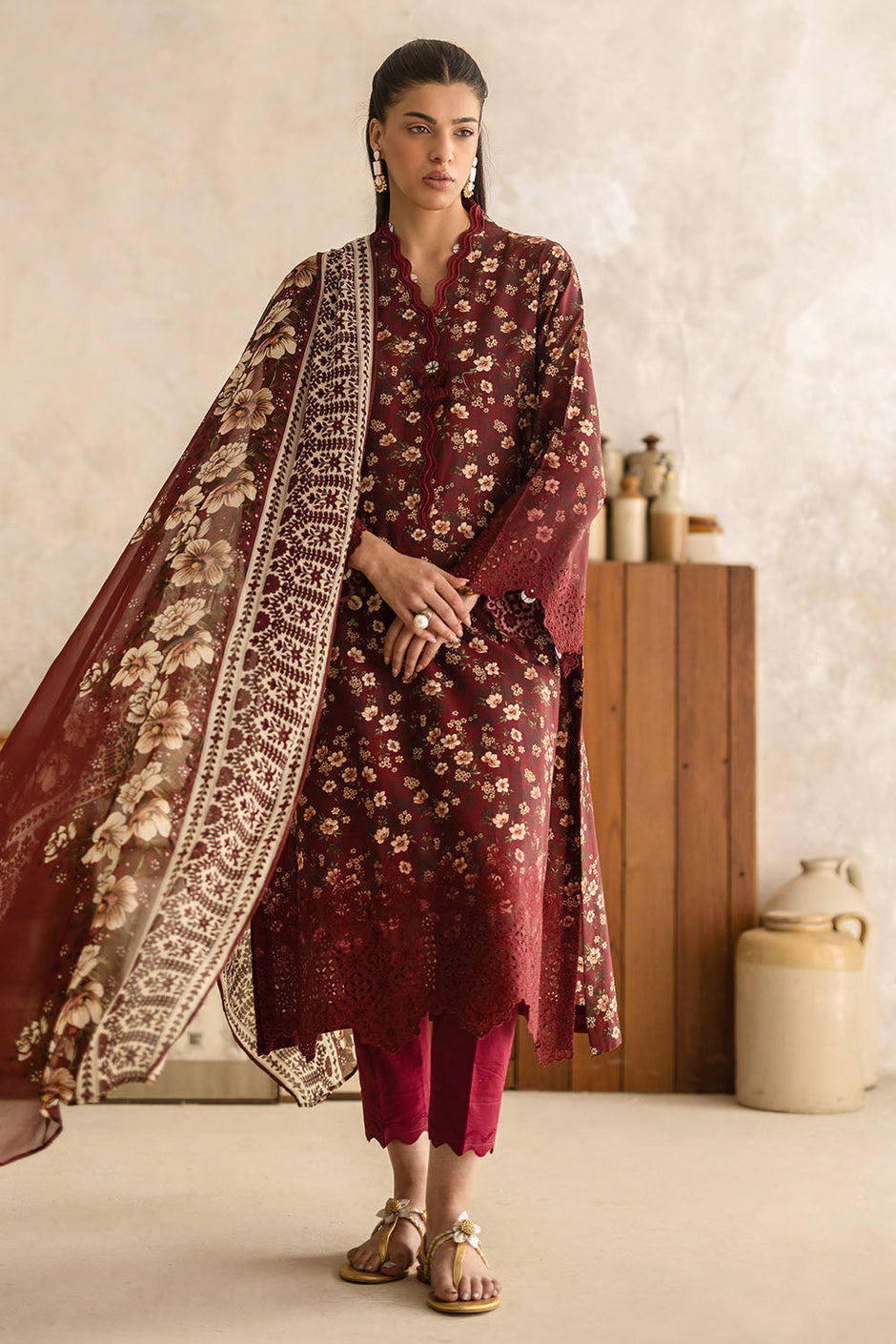 3 Piece Embroidered Printed Lawn Suit with Chiffon Dupatta
