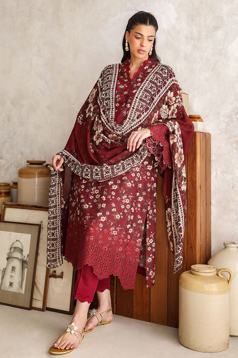 3 Piece Embroidered Printed Lawn Suit with Chiffon Dupatta
