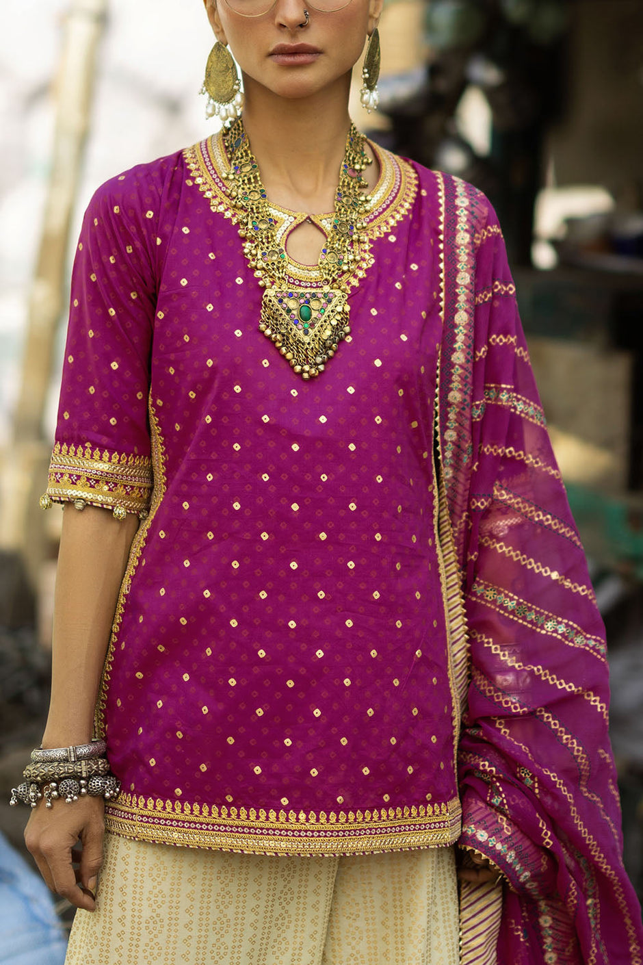 3 Piece Gold and Lacquer Printed Lawn Gharara Suit with Gold and Lacquer Printed Chiffon Dupatta and Embroidered Lace