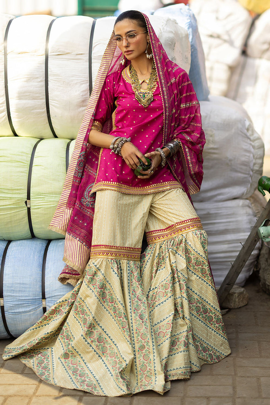 3 Piece Gold and Lacquer Printed Lawn Gharara Suit with Gold and Lacquer Printed Chiffon Dupatta and Embroidered Lace