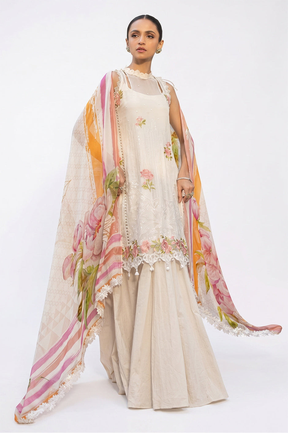 3 Piece Sequins Embroidered Chiffon Suit with Inner and Sequins Embroidered Organza Details and Printed Chiffon Dupatta